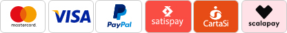 Pagamenti sicuri Certificati: Mastercard, Visa, Satispay, Cartasì, PayPal